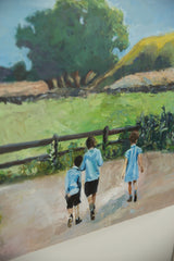 Textured brushstrokes on path and children's feet in Grace B. Keogh's 'Big Sky' painting.