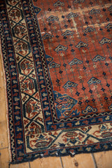 Vintage Malayer rug with traditional border, rust red field, blue floral vinery, and varied ground.