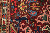 Fine weave geometric patterns and jewel tones on an antique Dragon Caucasian rug.