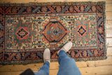 Vintage Heriz rug, Northwest Karaja style triple medallion, serrated leaf border. Beige, green, blue palette.