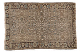 Antique distressed Farahan Sarouk rug, ivory and beige allover vinery, charcoal border, blue accents, 3'1