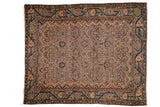 Vintage Malayer square rug with an allover geometric design of serrated cartouches in navy, sand, and terracotta.