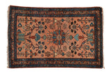 Vintage Persian Lilihan rug: dusty rose field, pinwheel flowers, navy borders, 2'7