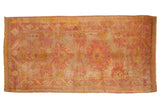 Distressed Oushak rug with soft angora pile, faded raspberry red, gold floral palmettes, 3'11