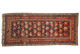 Antique fine Armenian Karabagh runner, allover geometric blossoms, playful motifs, navy, red, ivory.