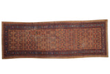 Vintage Camel Hair Serab runner, paneled henna plant motif in camel, sapphire, and wine red.