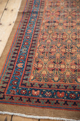 Hand-knotted vintage Serab rug detail: sapphire blue border, henna plant motifs, and brick red accents.