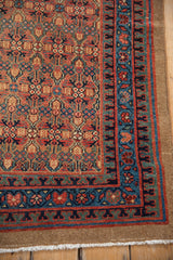 Vintage Serab rug corner detail, henna plant lattice, sapphire blue border, camel selvage.