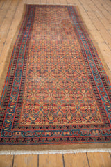 Vintage Camel Hair Serab runner, repeating henna plant motif, camel, sapphire blue, brick red.