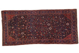 Vintage Shiraz rug runner, geometric forest scene with birds, animals, and tree-of-life on indigo.