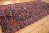 Vintage Persian Shiraz runner's detailed navy field, geometric bird motifs, and red multi-band borders.