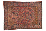 Antique Malayer rug: fuchsine Herati field, deep saffron spandrels, navy Samovar Turtle border, 4'3