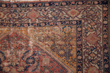 Antique Persian Malayer rug corner, deep saffron spandrel, Herati motif, Samovar Turtle border.