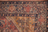 Antique Malayer rug corner: unusual deep saffron spandrel, serrated leaves, Samovar Turtle border, foundation visible.