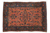 Antique Manchester Kashan rug, dusty rose field with Samovar floral design, cobalt blue borders.