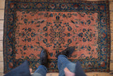Persian Manchester Kashan rug, dusty rose, cobalt Samovar tree-of-life motif, floral vinery.