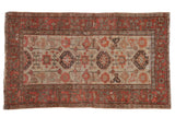 Distressed vintage Hamadan rug, terracotta, ivory floral field, meandering vine border, 3'4