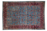 Vintage Kerman hand knotted Persian carpet, allover millefleur design on abrash sky blue field, wine red border, 6'6