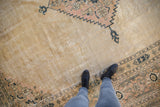 Distressed vintage Khorassan rug close-up, textured beige field and pawn design border.