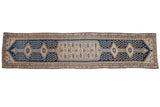 Distressed vintage Malayer runner, oversize medallion, Herati pattern in navy blue and beige. 3'6