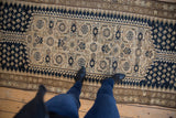 Distressed vintage Malayer runner, Herati design field and navy serrated boteh spandrel.