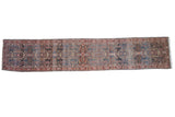 Distressed vintage Dargezine runner, faded blue and red floral thousand blossom design, 3'2