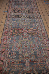 Distressed Persian Dargezine runner with thousand blossom motif, denim blue and blush tones.