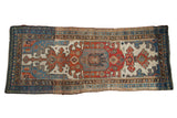 Antique Kurdish runner, geometric medallion in madder red, sky blue, ivory tones, 4'4