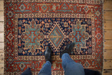 Vintage Karaja rug: navy, madder red geometric field, tree of life medallion, Samovar turtle border.