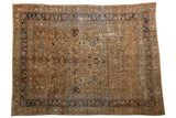 Vintage distressed Persian Meshed rug, camel field, scrolling vinery, palmette border, navy and fuchsia.