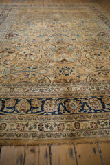 Vintage Meshed carpet's bold navy blue palmette border and worn camel scrolling vinery.