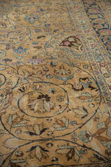 Vintage distressed Meshed carpet close-up, camel field with lively pink, blue vinery, worn texture.