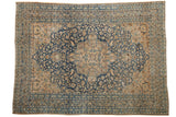 Distressed vintage Persian Meshed carpet, central floral medallion, navy blue, sand, 8'6