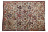 Antique Mahal carpet, ivory field, scrolling terra cotta and navy floral vinery, historic patina.