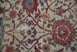 Exposed foundation and knot wear on antique Mahal carpet's terra cotta and blue floral vinery.