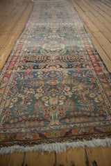 Distressed Dargezine runner detail, intricate thousand flower motif, pale denim blue and terra cotta abrashes.