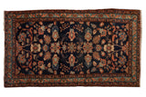 Vintage Fine Mehreban rug, navy blue field, dusty rose floral palmettes, scrolling vinery.