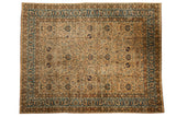 Distressed hand-knotted Persian Meshed rug, allover curvilinear floral on camel, blue, copper tones, 10'x12'8
