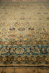 Storied texture on vintage Meshed carpet, camel field, sky blue and copper floral vinery, blue border.