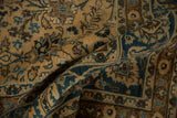 Distressed pile showing knot heads, camel and sky blue floral vine pattern.