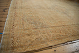 Curled edge and main border with turtle Samovar motif on distressed Indian Tabriz carpet.