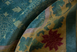 Vintage Nichols Art Deco carpet: rich red lotus on gold, dusty teal vinery, plush pile.