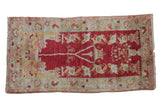 Distressed vintage Oushak rug with cherry red prayer design, Tree of Life, pale sea foam borders.