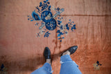 Lustrous soft pile of a vintage Chinese Peking rug with copper and blue floral design.