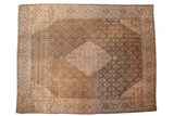 Vintage Distressed Tabriz Carpet, coffee brown, ivory, blush, diamond medallion, allover Herati, 11x14.