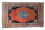 Antique Persian Tabriz carpet, unique geometric medallion, abrashed madder red field, indigo blue Samovar elements.
