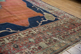 Antique Tabriz carpet: Worn madder red borders and indigo field with Samovar elements.