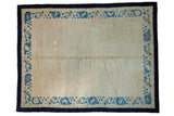 Hand-knotted vintage Peking carpet, ivory geometric field, cobalt blue cultural border, 9'2