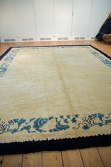 Vintage Peking carpet border with deep indigo blue and light blue lotus flower motifs.