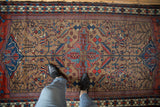 Vintage Fine Kurdish Hamadan Rug with geometric tree of life motifs in camel, red, and teal.